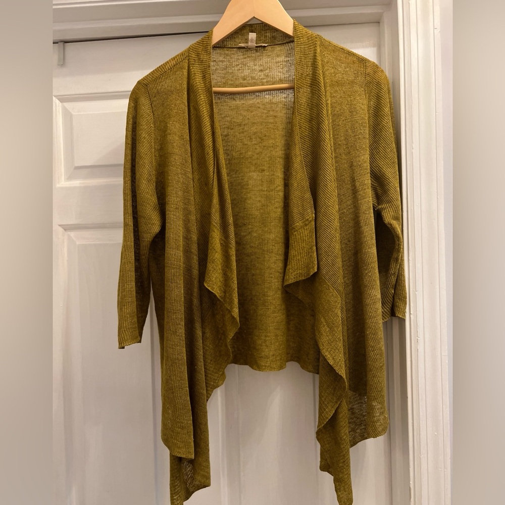 Eileen Fisher Linen Open Front 3/4 Sleeve Yellow Lightweight Cardigan Size PMed